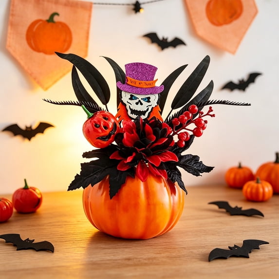 Halloween Table Centerpiece Artificial Pumpkin Floral Arrangement with Sunflower Maple Skull Mini Pumpkin for Home Mantel Party Decor by PALIFEUR
