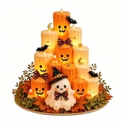 Halloween Table Centerpiece LED Ghost Pumpkin Candle, Lighted Flickering Halloween Tabletop Decor with Cute Ghost and Jack O Lantern for Mantel Shelf Fireplace Dining Table Fall Home Decor
