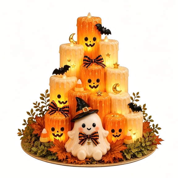 Halloween Table Centerpiece LED Ghost Pumpkin Candle, Lighted Flickering Halloween Tabletop Decor with Cute Ghost and Jack O Lantern for Mantel Shelf Fireplace Dining Table Fall Home Decor