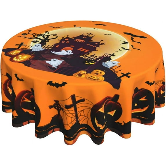 Halloween Table Cloth Pumpkin Castle Ghost Round Tablecloth 60 inch Orange Black Vintage Washable Table Cover for Holiday Kitchen Dinning Picnic Party Outdoor Indoor Decoration
