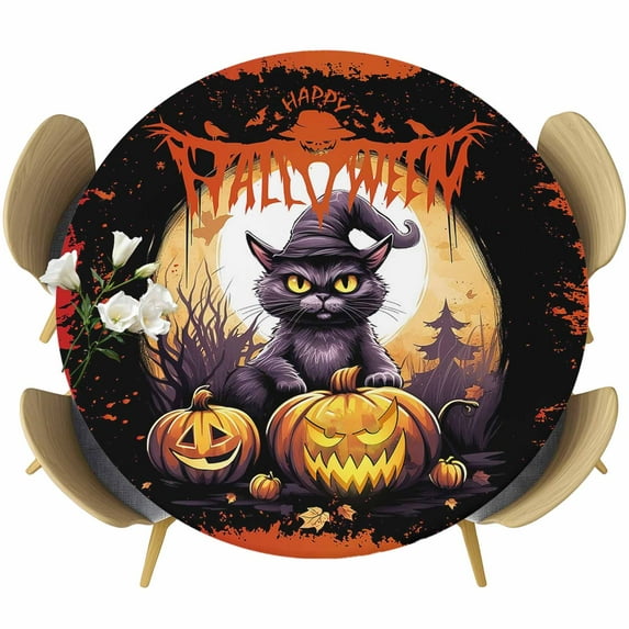 Halloween Table Cloth, Round Fitted Tablecloths with Elastic Edge, Horror Black Cat Pumpkin Moon Night Black Red Wipeable Waterproof Table Cover for Kitchen Wedding 36-44 Inches