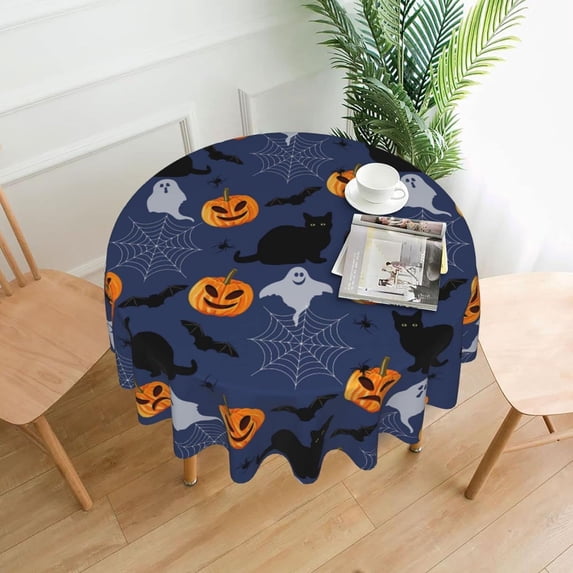 Halloween Table Cloth Round Table Cover Wrinkle Resistant Waterproof Tablecloth 60 Inch Washable for Kitchen Party Picnic Cat