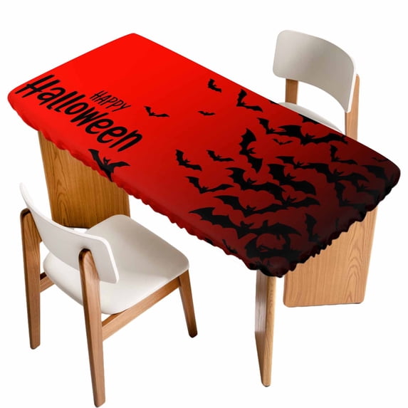 Halloween Table Cloths for 5 Foot Rectangle Tables, Fall Horror Spooky Bats Gradient Black Red Patio Waterproof Elastic Fitted Tablecloths, Washable Rectangular Table Cover for Camping