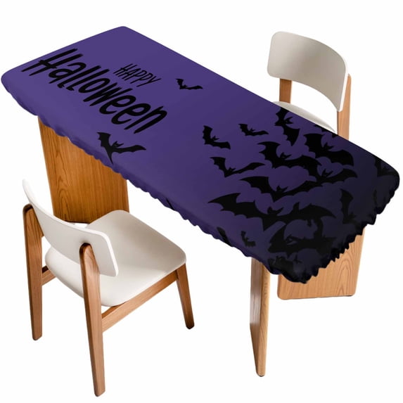 Halloween Table Cloths for 8 Foot Rectangle Tables, Fall Horror Spooky Bats Gradient Black Purple Patio Waterproof Elastic Fitted Tablecloths, Washable Rectangular Table Cover for Camping