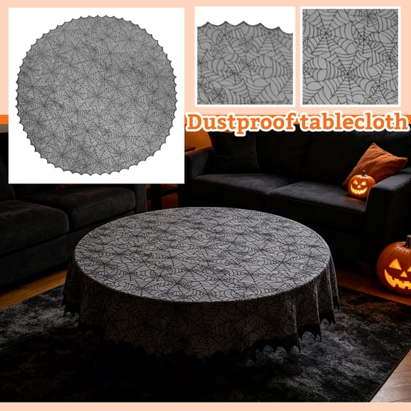 Halloween Table Decor, 73 Inch Round Halloween Tablecloth, Black Lace Tablecloth, Black Web Decoration, Spooky Hollowed Out Sheer Polyester Table Cover for Haunted House Themed