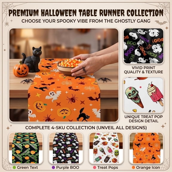 Halloween Table Decor, Halloween Party Decor, Pumpkin Table Decor, Table Runner for Party, 48X13 Inch Cute Spooky Skull Zombie Popsicle Themed Dresser Scarf for Halloween Party