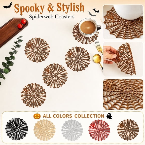 Halloween Table Decor, Halloween Party Decorations for Adults, Spiderweb Decor, Halloween Party Supplies, 4 Inch Diameter Antique Copper Hollow Web Coaster, Heat Resistant