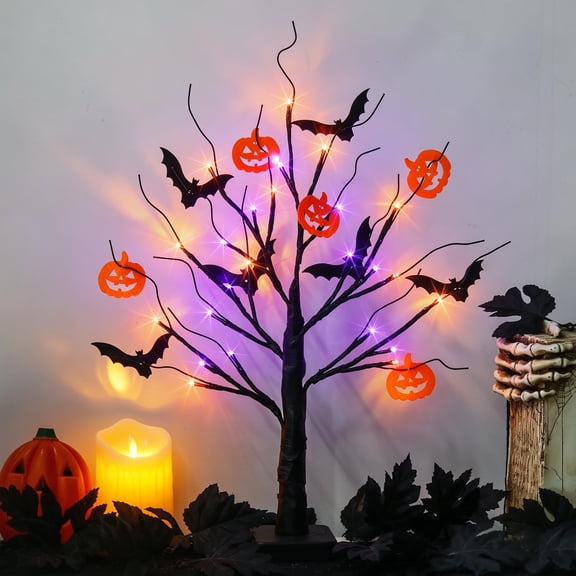 Halloween Table Decor Halloween Willow Tree with Pumpkin Bat Lights, , Spooky Tree with 24 Orange Purple Lights & Timer, 22" Table Centerpiece Battery for Home Decor