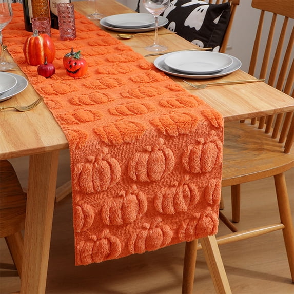 Halloween Table Decor Pumpkin Table Runner Orange Plush Fall Table Decor Indoor Halloween Table Decorations for Home Fall Party Decor 1 Pack
