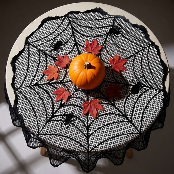 Halloween Table Decor, Round Black Tablecloth, Black Web Decoration, Halloween Web, Sheer Lace Fabric Table Cover, 102Cm Round Web Design for Spooky Halloween Party Setup