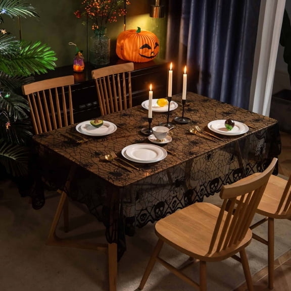 Halloween Table Decorations, 137X182Cm Halloween Lace Tablecloth, Halloween Web Skull Rectangular Table Cover, Spooky Gothic Black Lace Decorative Table Cloth, Lightweight Sheer