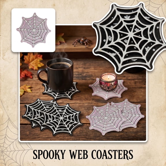 Halloween Table Decorations, 4 Pcs Web Shaped Wooden Coasters, Gothic Halloween Decor, Insulated Non-Slip Drink Coasters, 4X4 Inch Heat-Resistant Pads Protect Dining Restaurant