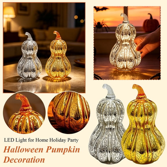 Halloween Table Decorations, Battery Operated Night Light, Halloween Light, Pumpkin Decor, 9X6 Inch Distressed Silver Glass Pumpkin Led Statue, 1Pc Freestanding Cordless
