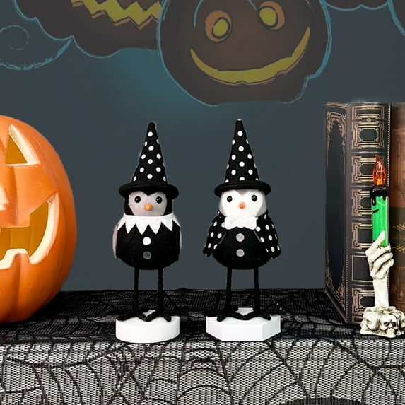 Halloween Table Decorations Birds, Black Standing Bird Figurine with Polka Dots Witch Hat Plush Fabric Bird Ornament for Home Party Tiered Tray Shelf Mantel Fireplace Decor