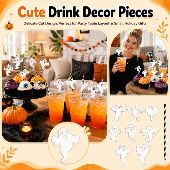 Halloween Table Decorations, Halloween Ghost Decorations, Spooky Halloween Decor, Cute Straw Toppers, 8 Unique Expression Ghost Themed Straw Picks to Dress Up Daily and Holiday