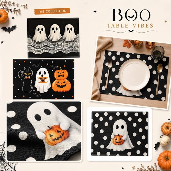Halloween Table Decorations, Halloween Placemats Set of 4, Spooky Halloween Decor, Ghost Halloween Decor, 18X12 Inch Black and White Fabric Placemats, Washable Table Mats for