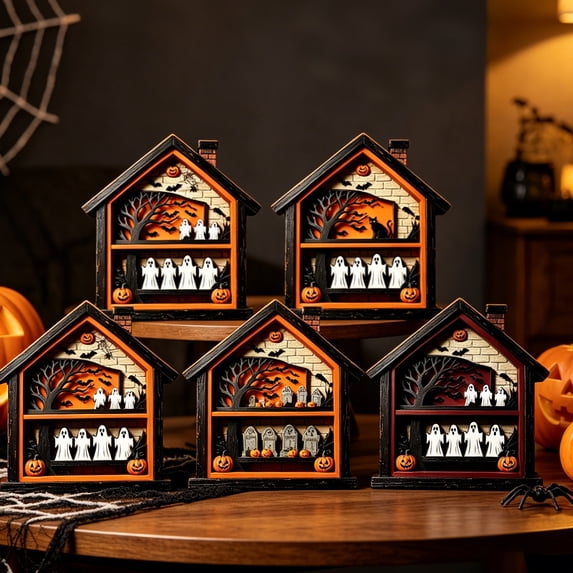 Halloween Table Decorations Pumpkin Ghost Haunted House Wooden Block Sign Halloween Tiered Tray Decor Centerpieces for Home Shelf Desk Mantel Tabletop Party Decor
