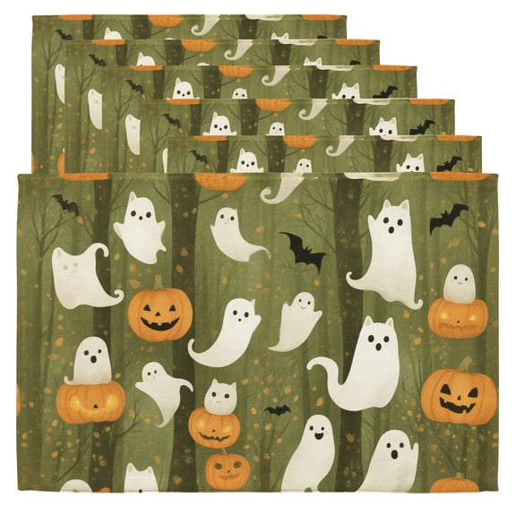 Halloween Table Mats A pattern of ghosts and pumpkins in a forest. Kitchen Placemats Set of 6 12x18 Inch Halloween Decor Kitchen