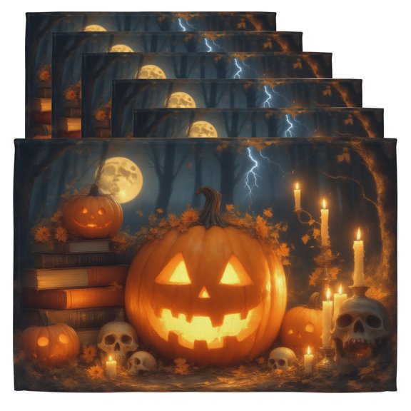 Halloween Table Placemats A group of pumpkins sitting on top of a pile of books. Place Mats Indoor Set of 6 12x18" Place Mats Washable
