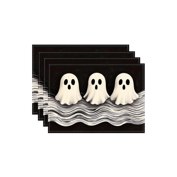 Halloween Table Placemats Set of 4 Linen Heat Resistant Stain Resistant Table Mats with Ghost Print for Dining Table Kitchen Home Party Decor