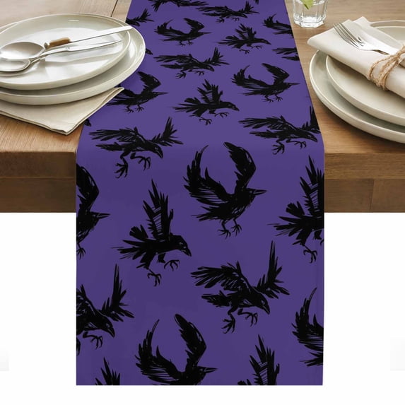 Halloween Table Runner - 108 Inch Long, Kitchen Dining Table Runner Dresser Scarves, Purple Black Crow Spooky Scary Animals Farmhouse Decor for Coffee Tables Wedding Party Banquet