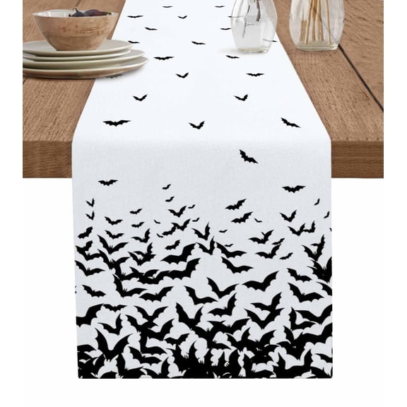 Halloween Table Runner 108 Inches, Farmhouse White Black Spooky Bat Dark Animals Bed Runner Dresser Scarves Tabletop for Indoor Outdoor Parties/Ceremony/Banquet, 13"x 108"