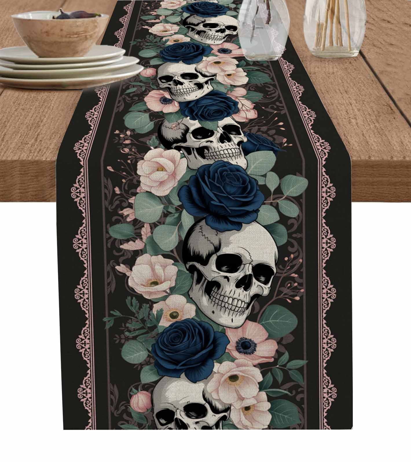 Halloween Table Runner 108 Inches, Horror Skull Flower Leaf Floral ...