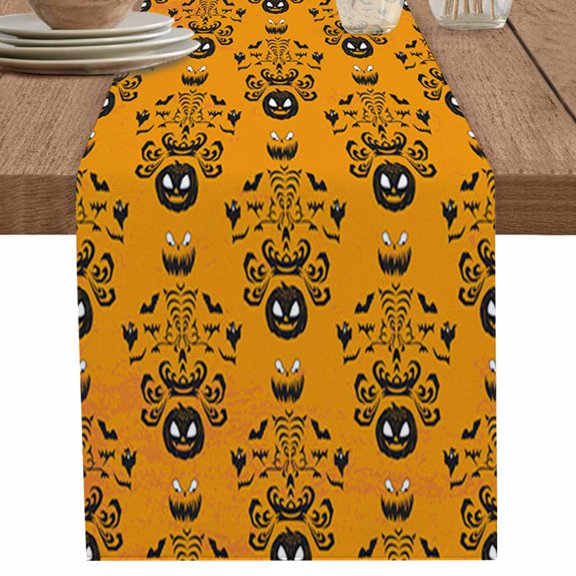 Halloween Table Runner 108 Inches Long for Dining Table Decor,Fall Pumpkin Orange Autumn Holiday Burlap Linen Farmhouse Table Runner Coffee Table Runners Dresser Scarf for Kitchen Party Holiday