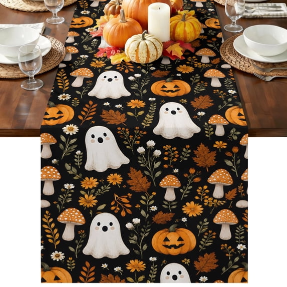 Halloween Table Runner 108 Inches Long,Dining Table Runners Dresser Scarves,Funny Ghost Pumpkins Mushrooms Botanical Kitchen Coffee Tablerunner for Tabletop Party Wedding Baby Shower 13"x108"