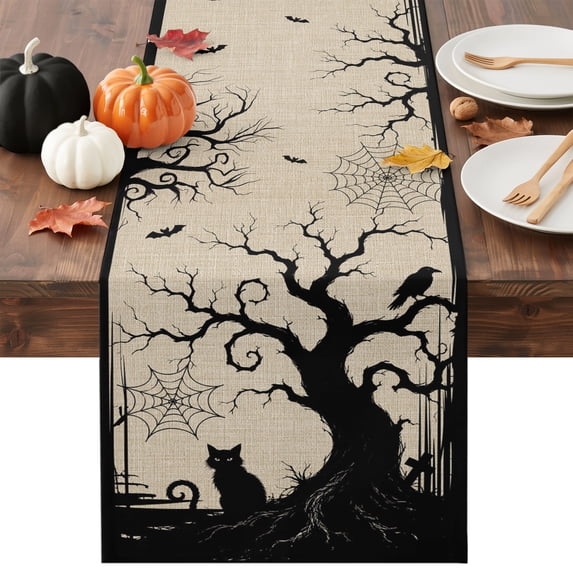 Halloween Table Runner - 120 Inch Long Black Ghost Trees Bats Cats Rustic Fall Beige Cotton and Linen Blended Dress Scarves Farmhouse Table Runner for Kitchen Dining, Coffee Table, 13" x 120"