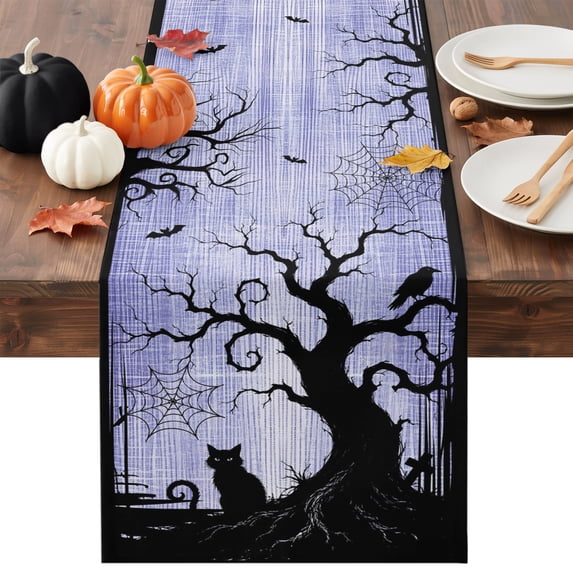 Halloween Table Runner - 120 Inch Long Black Horror Trees Bats Cats Birds Rustic Purple Cotton and Linen Blended Dress Scarves Farmhouse Table Runner for Kitchen Dining, Coffee Table, 13" x 120"