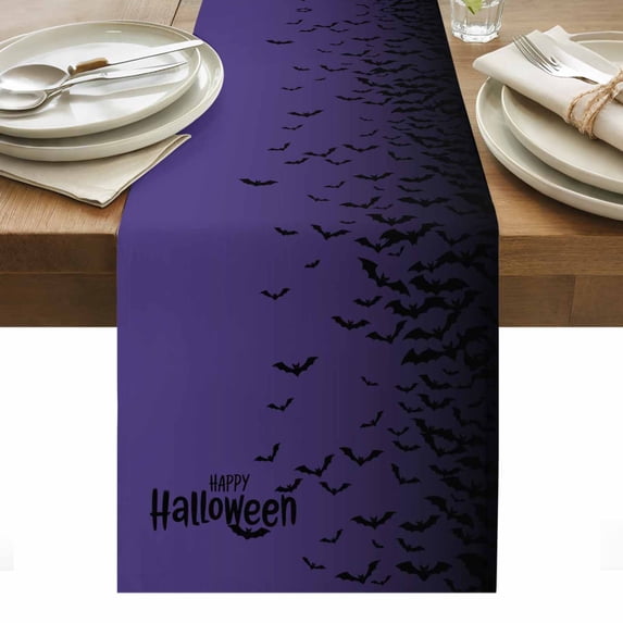 Halloween Table Runner - 120 Inch Long, Kitchen Dining Table Runner Dresser Scarves, Fall Horror Spooky Bats Gradient Black Purple Farmhouse Decor for Coffee Tables Wedding Party Banquet