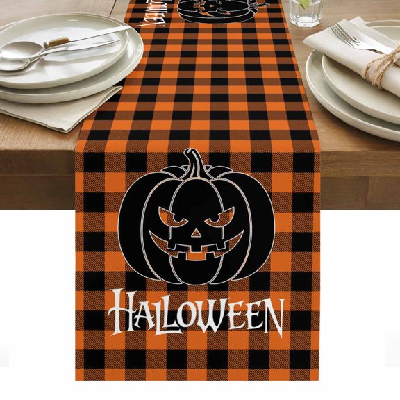 Halloween Table Runner - 120 Inch Long, Kitchen Dining Table Runner Dresser Scarves, Horror Pumpkins Orange Black Checkered Farmhouse Decor for Coffee Tables Wedding Party Banquet