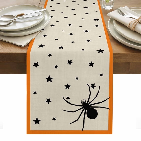 Halloween Table Runner - 120 Inch Long, Kitchen Dining Table Runner Dresser Scarves, Orange Beige Spi-der Stars Halloween Farmhouse Decor for Coffee Tables Wedding Party Banquet