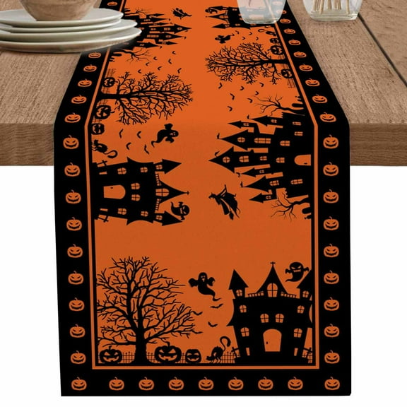 Halloween Table Runner 120 Inches Long for Dining Table Decor,Orange Black Pumpkin Ghost Castle Witch Burlap Linen Farmhouse Table Runner Coffee Table Runners Dresser Scarf for Kitchen Party Holiday