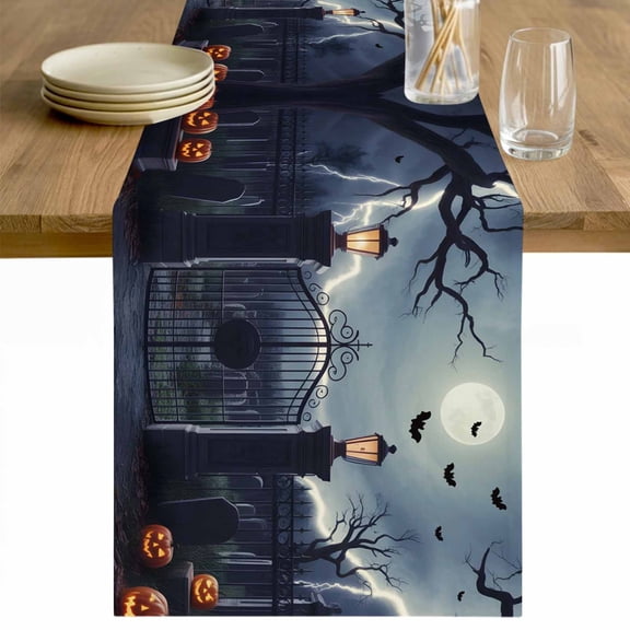 Halloween Table Runner 120 Inches Long Farmhouse Dress Scarves, Horror Graveyard Manor Moonlight Lightning Dining Tablerunner for Coffee Table/Kitchen Island/Party Décor, 13" x 120"