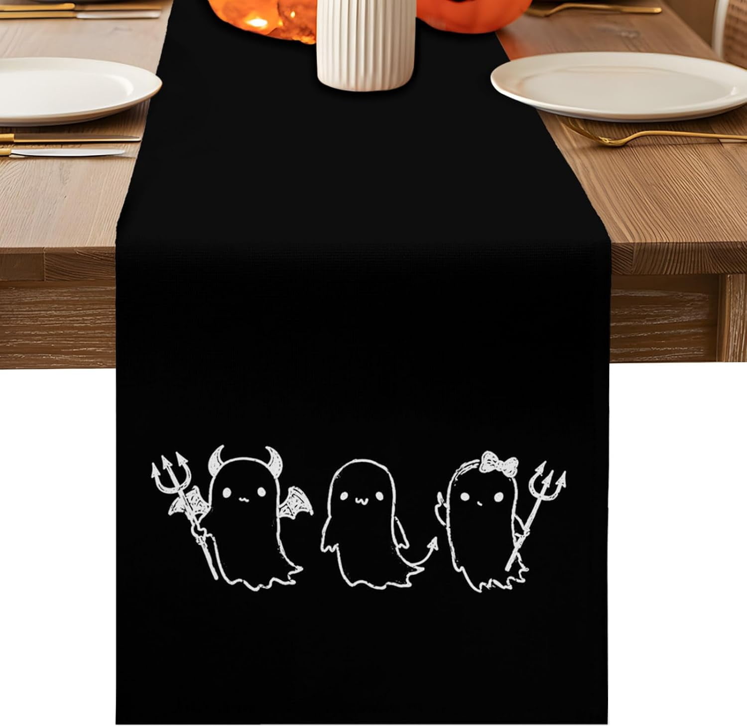 Halloween Table Runner 13 x 120 Inch, 1 Pack, Non-Slip, Black Cartoon ...