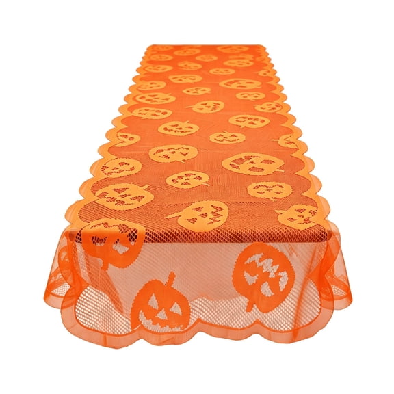 Halloween Table Runner, 13"x72" Orange Pumpkin Lace Table Runners, Spooky Jack-O-Lantern Tablecloth Centerpiece Decor for Home Kitchen Dinner Holiday Party Decor
