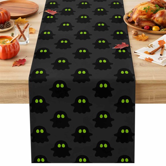 Halloween Table Runner 13x36 Inch Black Floating Spooky Ghosts Green Eyes Minimalist Cotton Linen Dining Table Runner Ideal for Dresser Kitchen Coffee Tables - Machine Washable