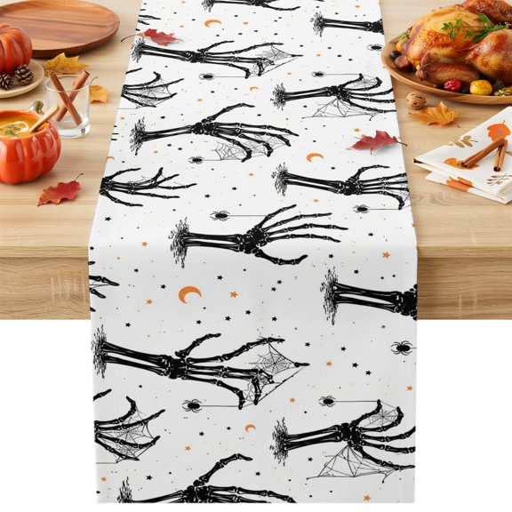 Halloween Table Runner 13x36 Inch Creepy Minimalist Skeletons Zombie Hands Cobweb Moon Cotton Linen Dining Table Runner Ideal for Dresser Kitchen Coffee Tables - Machine Washable