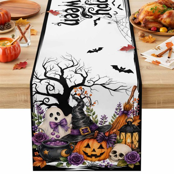 Halloween Table Runner 13x36 Inch Fall Fantasy Ghosts Wizard Hats Lanterns Bubbling Potions Cotton Linen Dining Table Runner Ideal for Dresser Kitchen Coffee Tables - Machine Washable