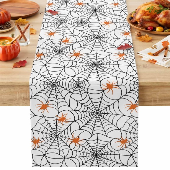 Halloween Table Runner 13x36 Inch Minimalist Orange Creeper Black Cobweb Horror Cotton Linen Dining Table Runner Ideal for Dresser Kitchen Coffee Tables - Machine Washable