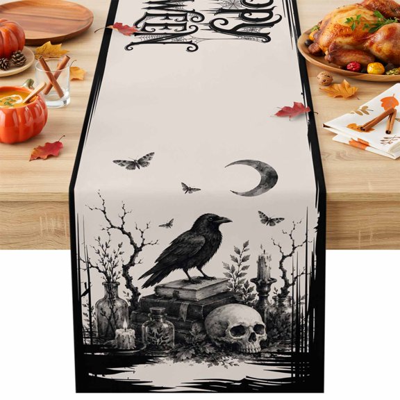 Halloween Table Runner 13x36 Inch Perched Black Ravens Goth Skull Dark Academia Mystical Study Cotton Linen Dining Table Runner Ideal for Dresser Kitchen Coffee Tables - Machine Washable