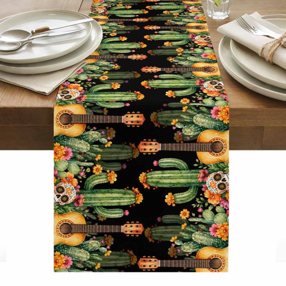 Halloween Table Runner 13x36 Inch Rustic Vintage Cactus Guitar Skull Marigold Candle Cotton Linen Dining Table Runner Ideal for Dresser Kitchen Coffee Tables - Machine Washable