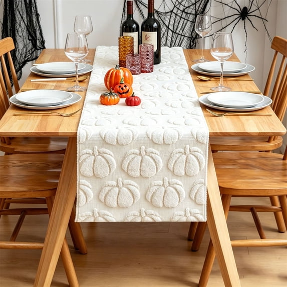 White Halloween Table Runner, 13 x 37 Inch Soft Knit Ghost Pattern Dining Decor, Spooky Farmhouse Style Table Cover for Fall Party