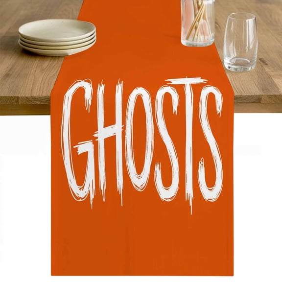 Halloween Table Runner - 36 Inch Long Fall Spooky Horror Letters Ghosts Orange Cotton and Linen Blended Dress Scarves Farmhouse Table Runner for Kitchen Dining, Coffee Table, 13" x 36"