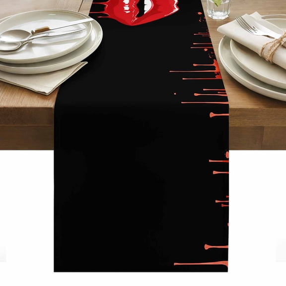 Halloween Table Runner - 36 Inch Long, Kitchen Dining Table Runner Dresser Scarves, Horror Funny Black Blood Lips Driping Farmhouse Decor for Coffee Tables Wedding Party Banquet