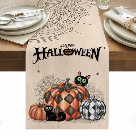 Halloween Table Runner - 36 Inch Long, Kitchen Dining Table Runner Dresser Scarves, Orange Black Check Pumpkin Cat Spiderwebs Farmhouse Decor for Coffee Tables Wedding Party Banquet