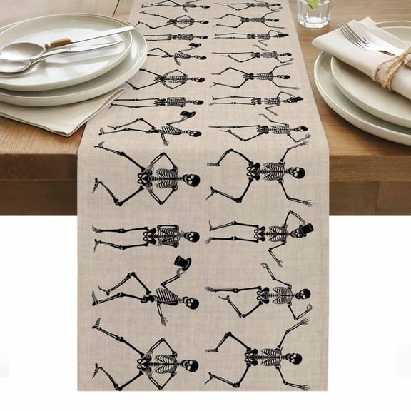 Halloween Table Runner - 36 Inch Long, Kitchen Dining Table Runner Dresser Scarves, Retro Style Skull Skeleton Monochrome Farmhouse Decor for Coffee Tables Wedding Party Banquet