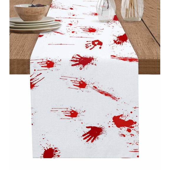 Halloween Table Runner 36 Inches, Horror Blood Handprint Red White Bed Runner Dresser Scarves Tabletop for Indoor Outdoor Parties/Ceremony/Banquet, 13"x 36"